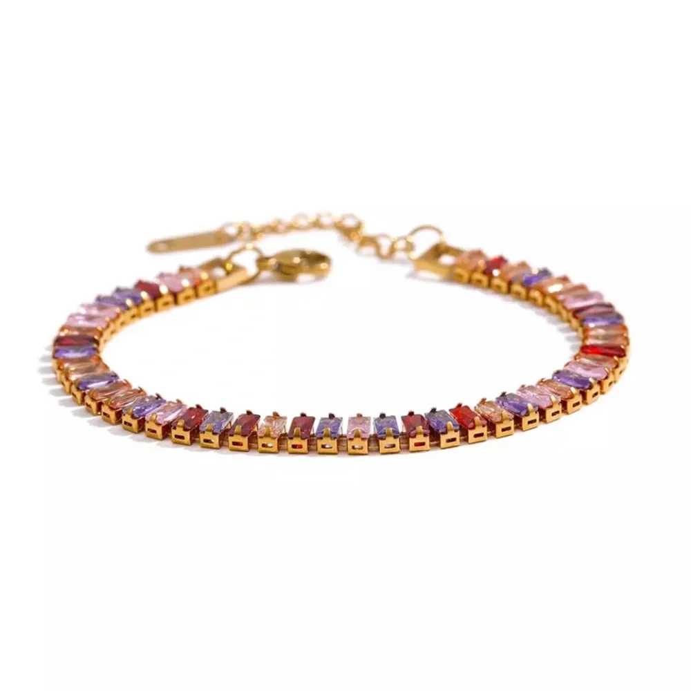 Zara Rainbow Emerald Cut Rectangle Multi-Color Baroque Crystals Bead Bracelet